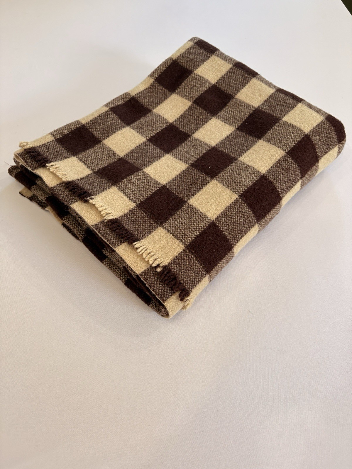 Unbranded Brown Beige Wool Plaid Checkered Fringe Blanket 61\