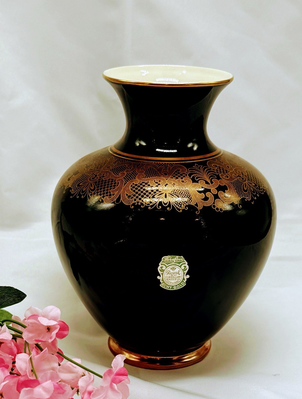 Royal Porzellan Bavaria Kerafina Black Gold Vase Echt Cobalt German Decor 7.5\