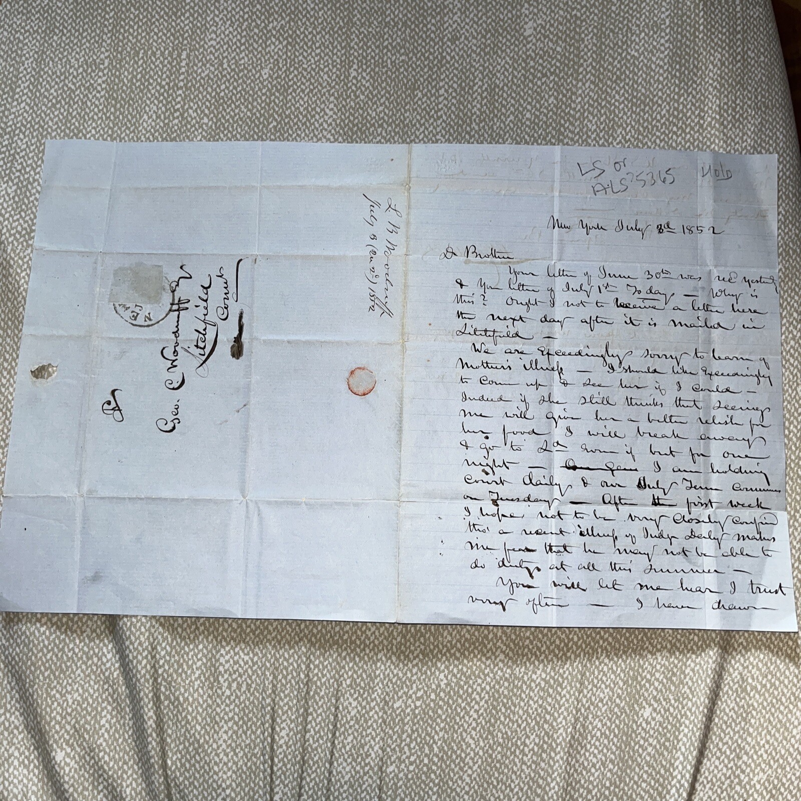 1852 Letter by Judge Lewis Woodruff - Case Cited in U.S. vs Susan B. Anthony