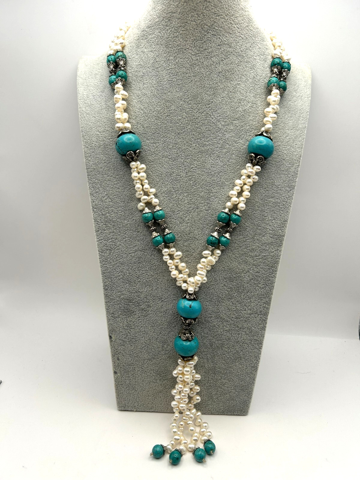 Freshwater Pearl and Turquoise Lariate Necklace