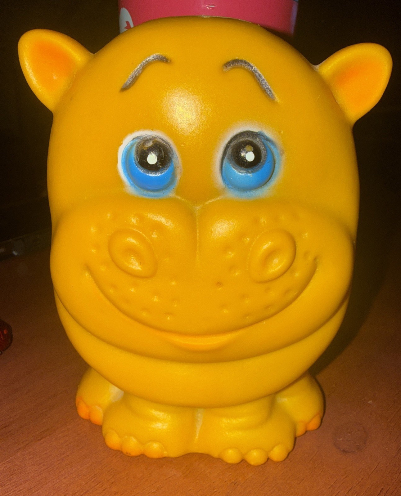 Vintage Yellow Rubber Hippo Piggy Bank Blue Eyes Made In Tawian
