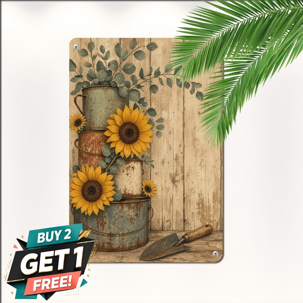 Stacked Rusty Metal Buckets Sunflower Still Life Art Metal Tin Sign Plaque Decor