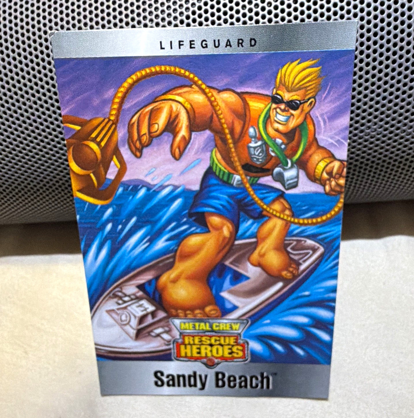 Fisher-Price Rescue Heroes Metal Crew 1999 Sandy Beach Lifeguard Card Rare