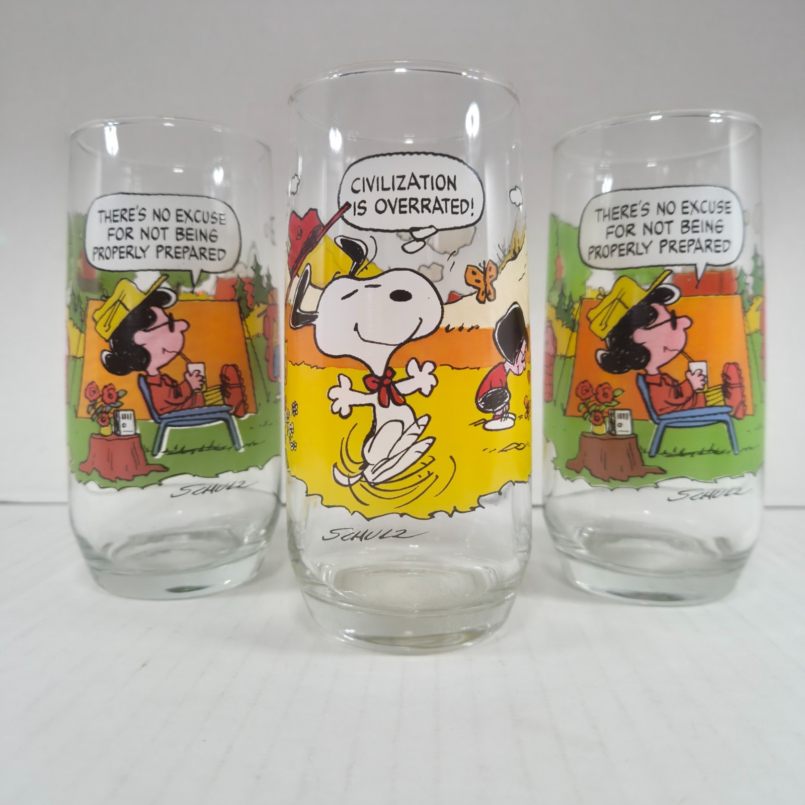 McDonald\'s Vintage 1983 Camp Snoopy Glasses Lot of 3 Peanuts Snoopy Lucy Schulz