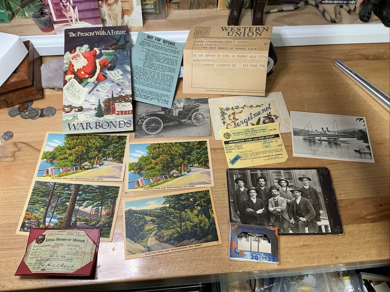 VINTAGE ANTIQUE PAPER LOT POST CARDS NJ  MOOSE LODGE 1938 War Bonds Worlds Fair