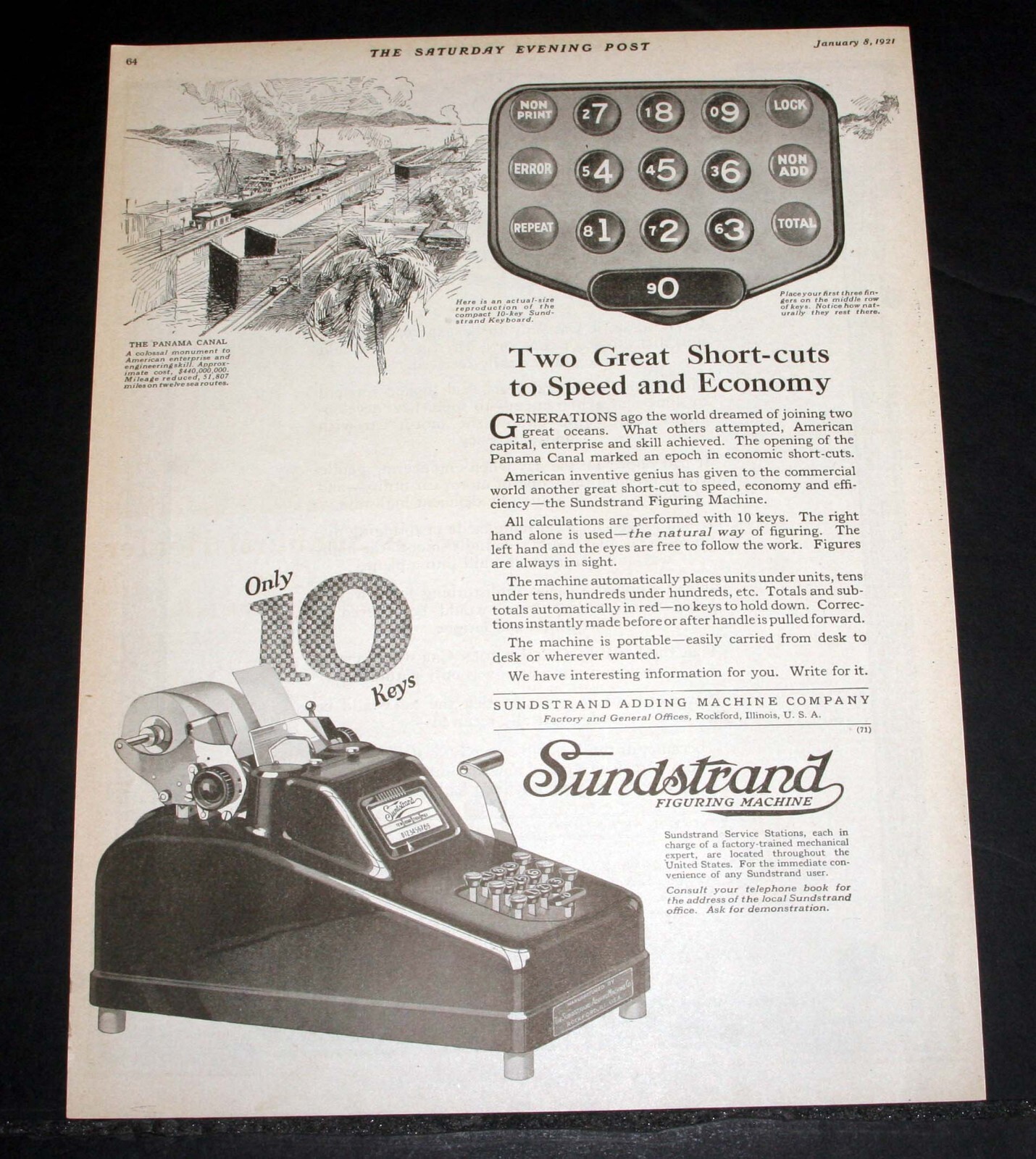 1921 OLD MAGAZINE PRINT AD, SUNSTRAND FIGURING MACHINE, ONLY 10 KEYS FOR SPEED