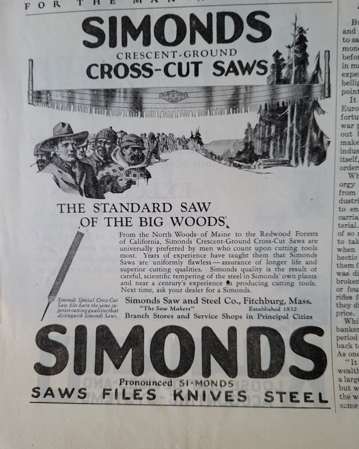 1926 Simonds cross-cut saw of the big woods vintage tool ad