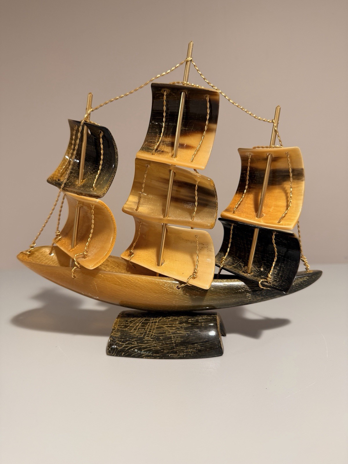 Vintage Horn Sailing Ship Model 8” Handmade Mid Century Nautical Decor