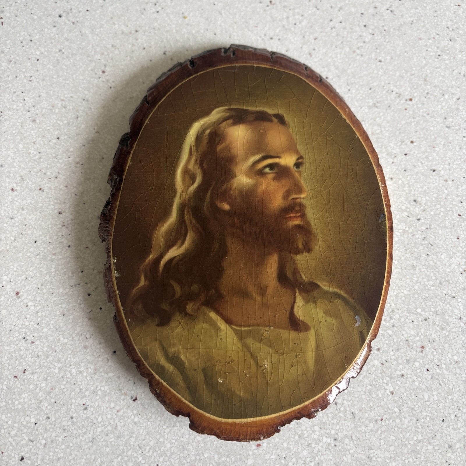 Vintage Jesus Christ Wood Slice Bark Edge Wall Hanging Religious Art Print Lodge