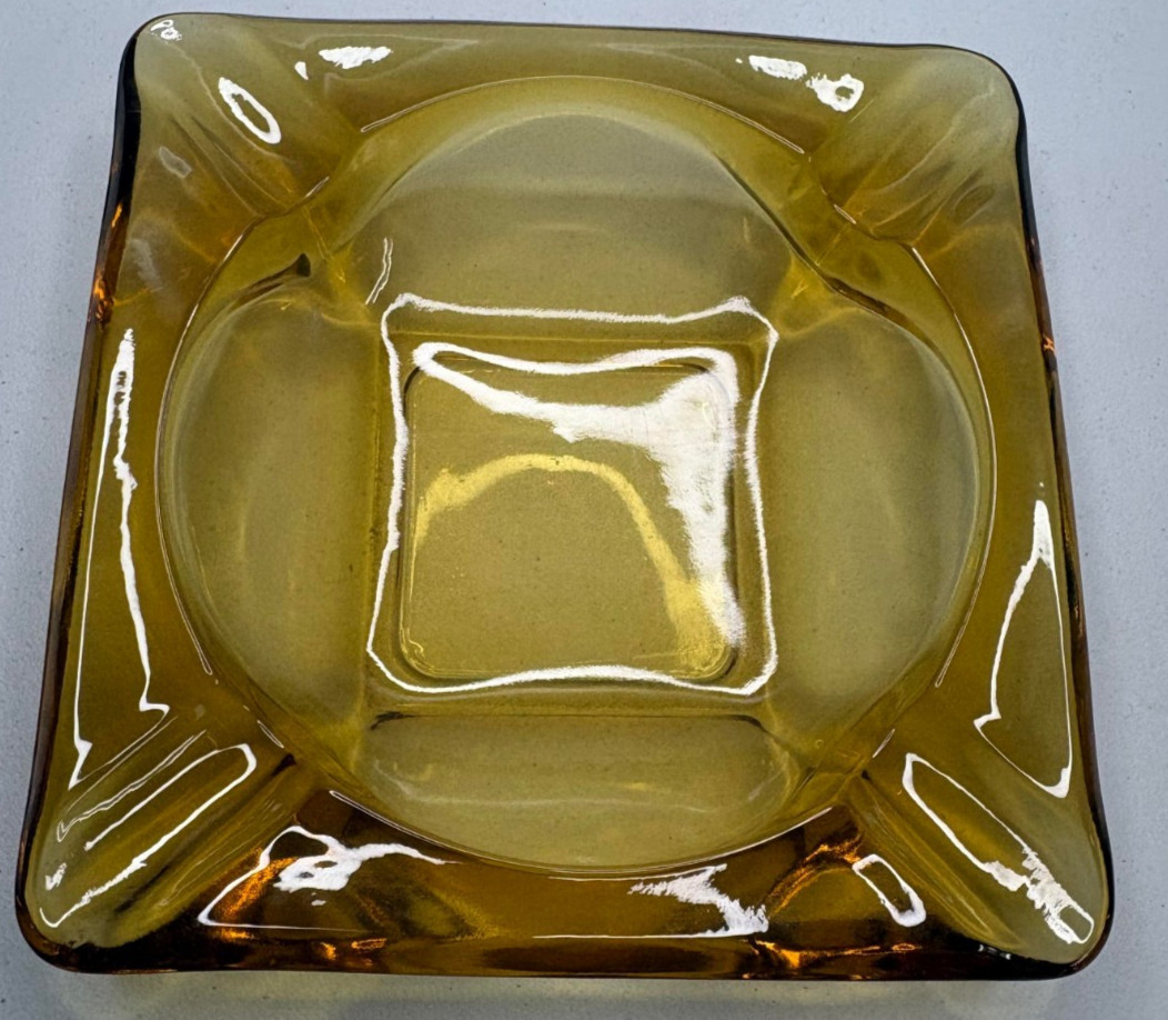 Vintage Amber Glass Square Ashtray Mid Century Style Heavy 6 Inch