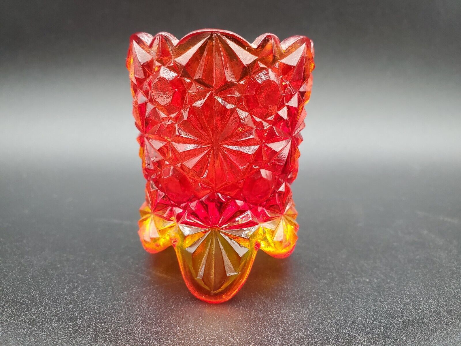 vintage LG Wright Daisy and button Amberina toothpick holder glass