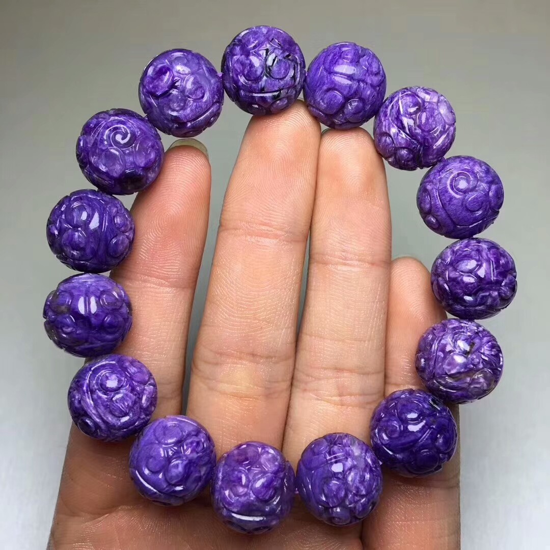 Natural Purple Charoite Gemstone Round Carved Beads Bracelet 14mm AAAA