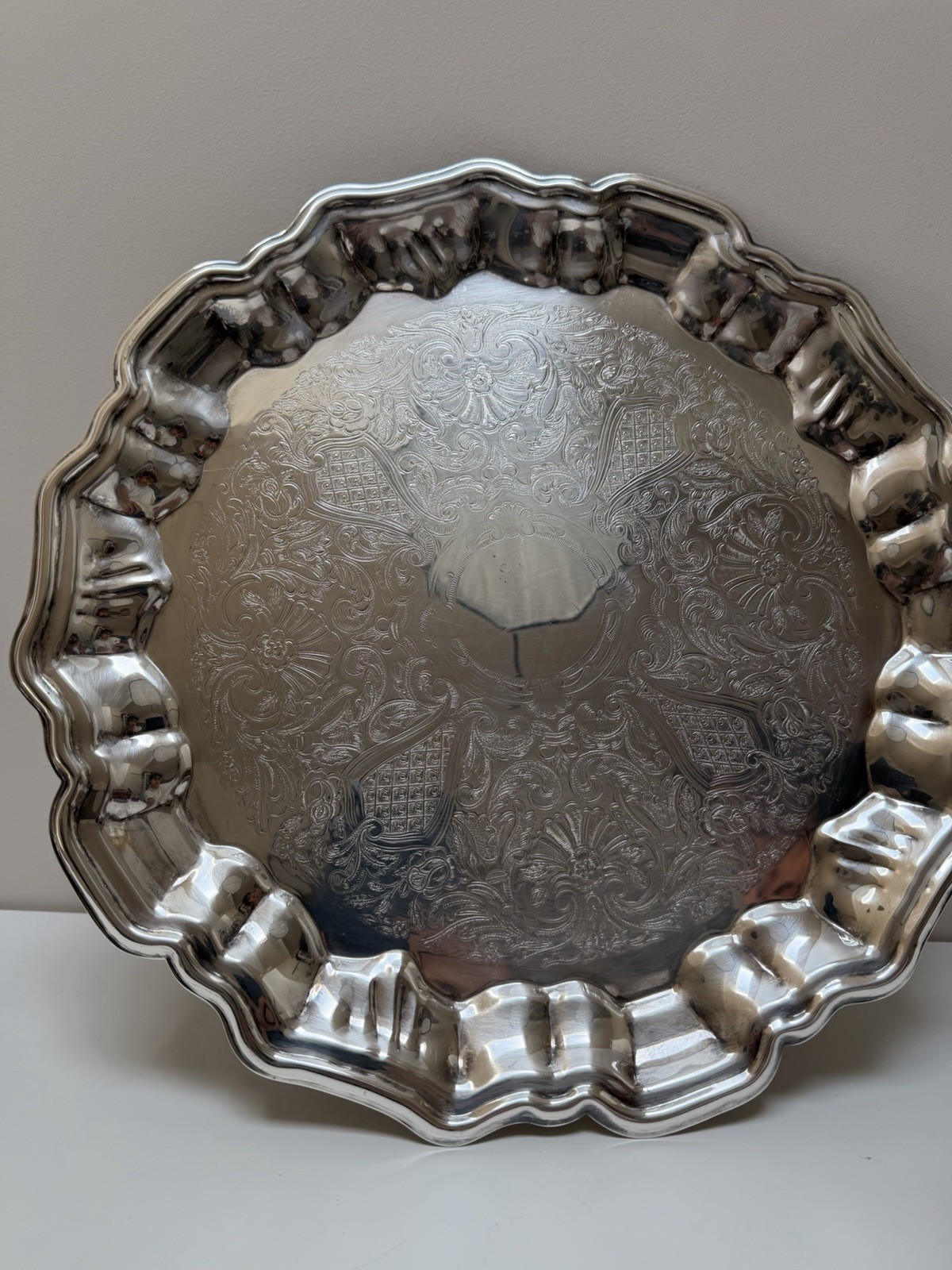 Vintage Leonard Silverplate Serving Tray Ornate Scalloped 13” Platter Vintage Leonard Silverplate Serving Tray Ornate Scalloped 13” Platter