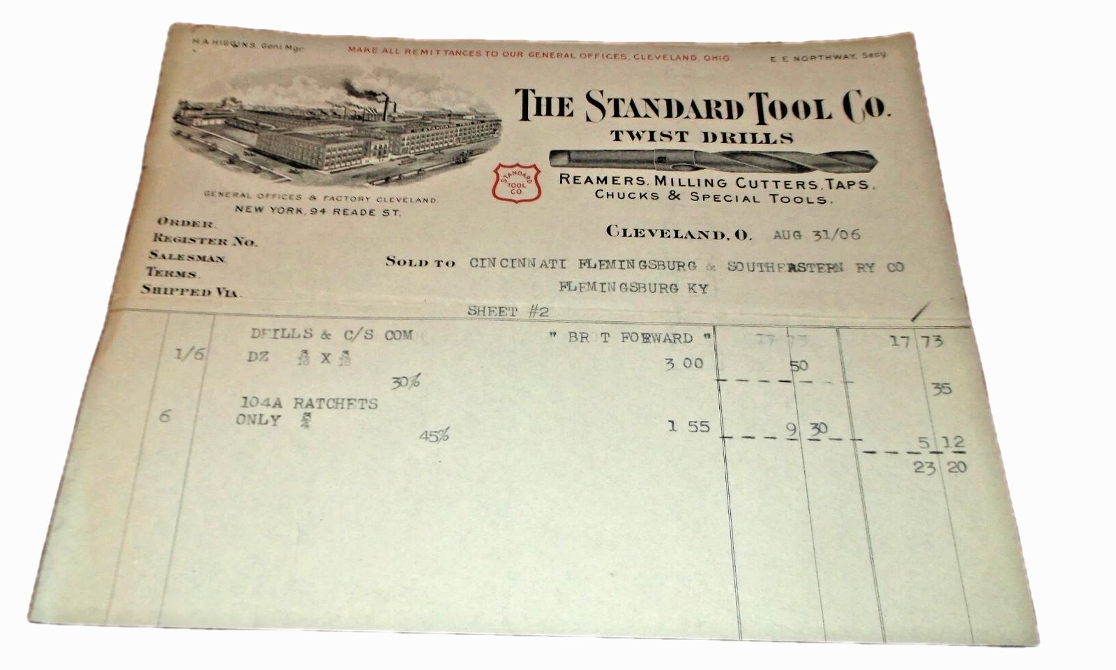 AUGUST 1906 BILL TO CINCINNATI FLEMINGSBURG & SOUTHEASTERN RAILWAY