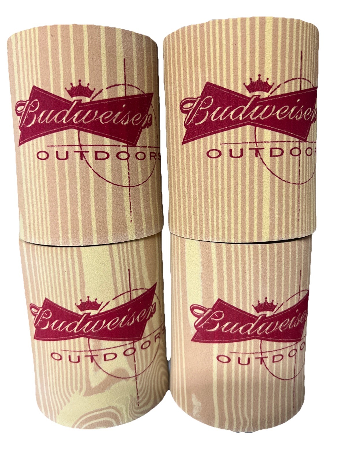 4 Budweiser Outdoors Wood Grain Can Cooler Koozie Drink Hard Foam Beer Holders