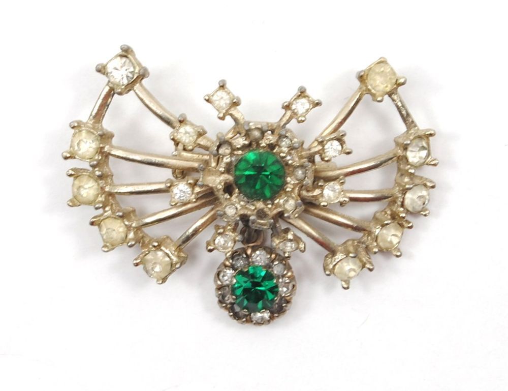 Butterfly Brooch Pin Green Rhinestones Glass Gold Plate Art Deco Vintage Estate