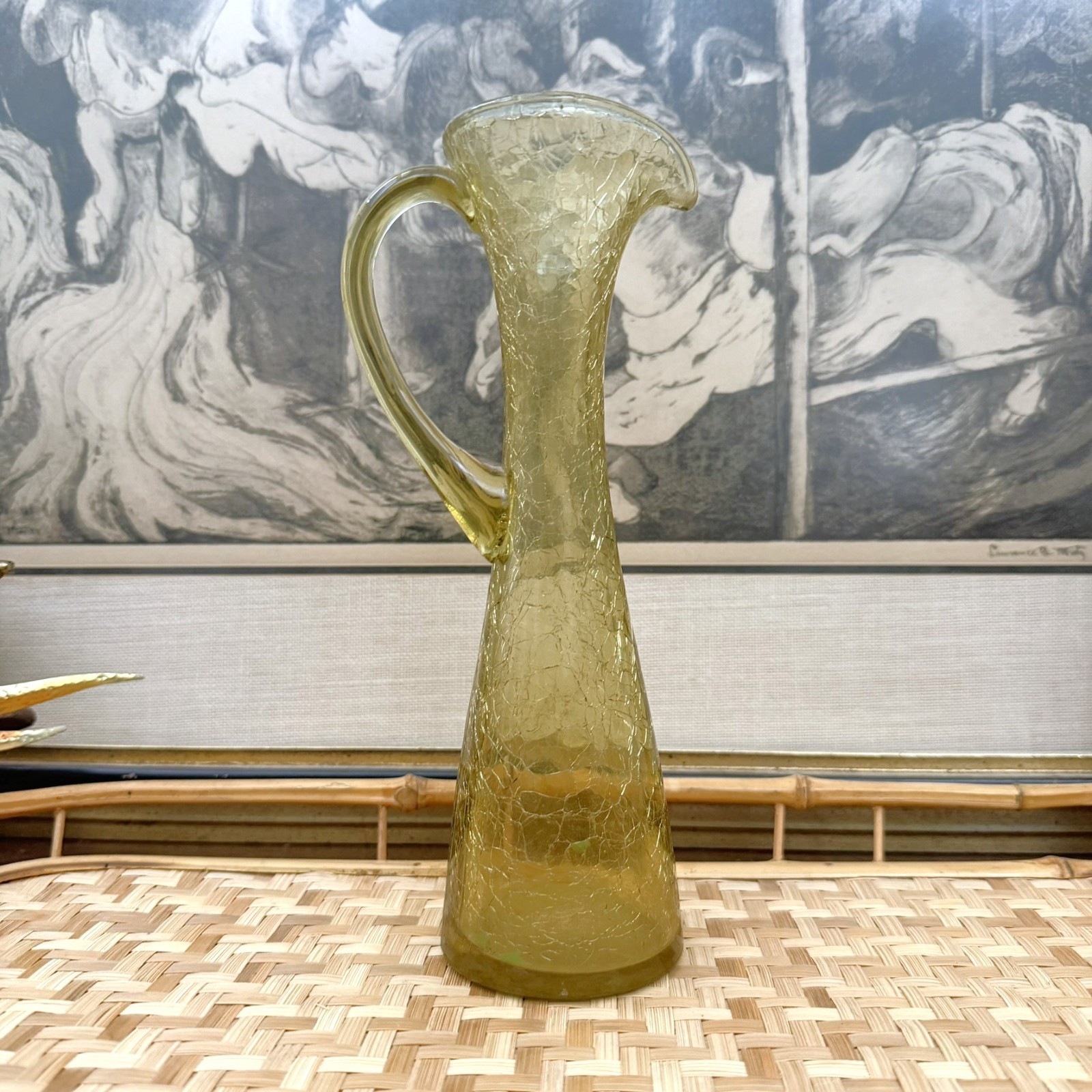 Vintage Amber Crackle Glass Pitcher Bud Vase 8.5” MCM Kanawha Style 1960s