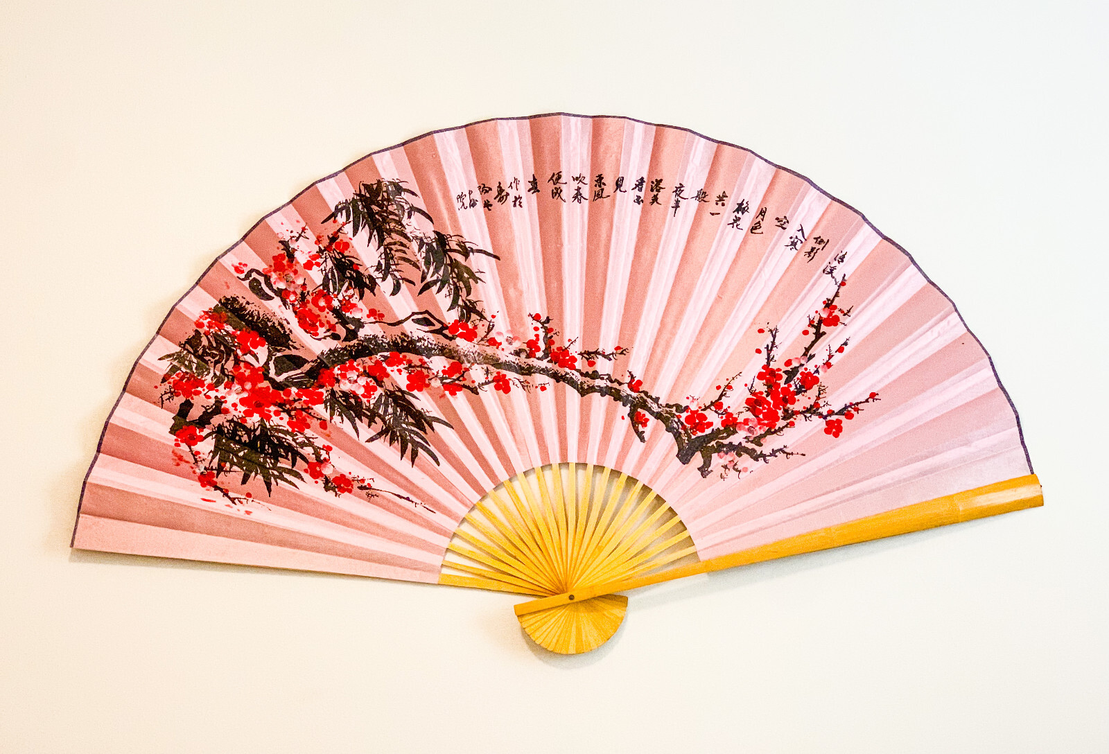 Large 60*35 in Oriental Wall Hanging Folding Fan Plum Flower Design Pink Fabric