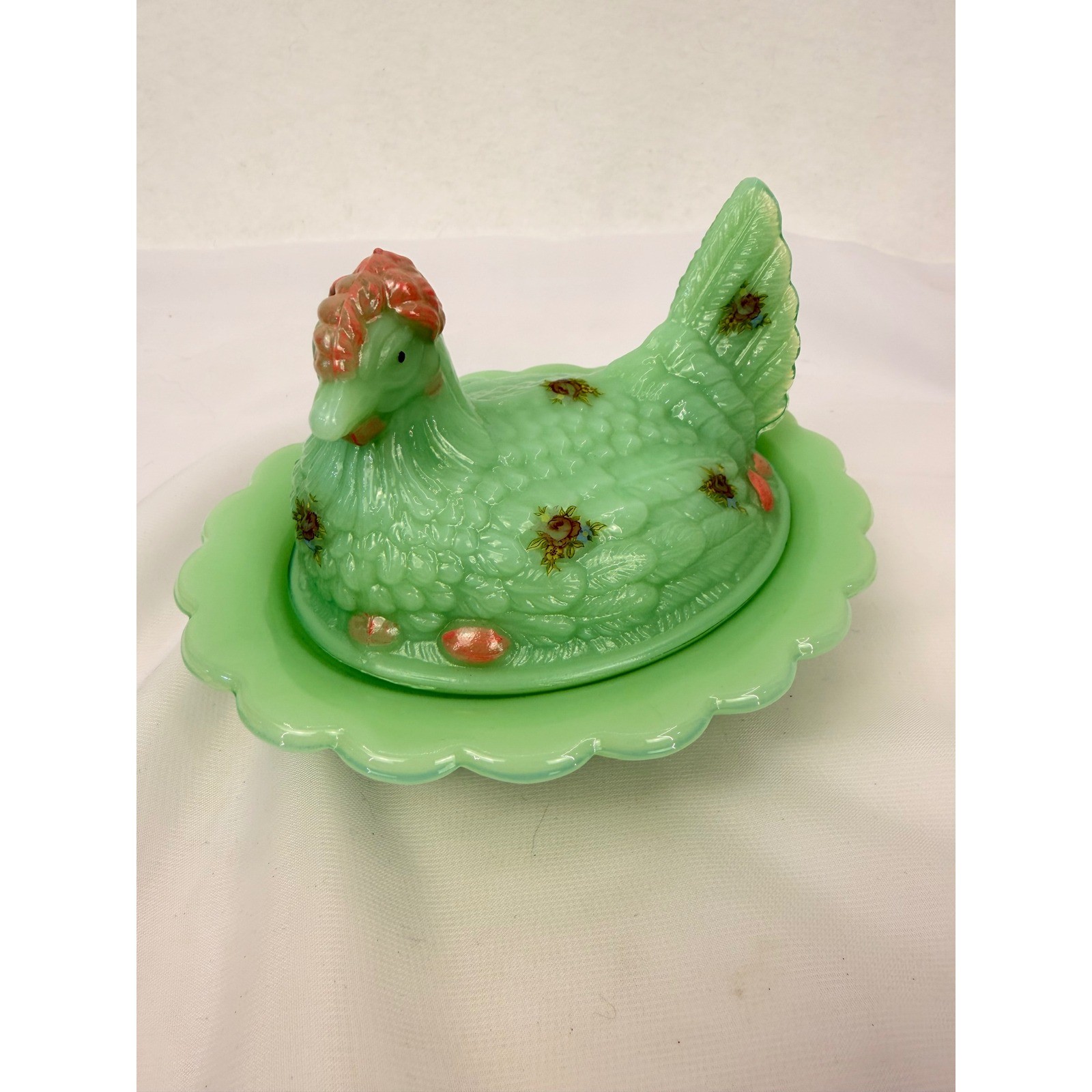 Mosser Rosso Glass Jadeite Hen on Nest Limited Edition 4/50 Green Scalloped Dish