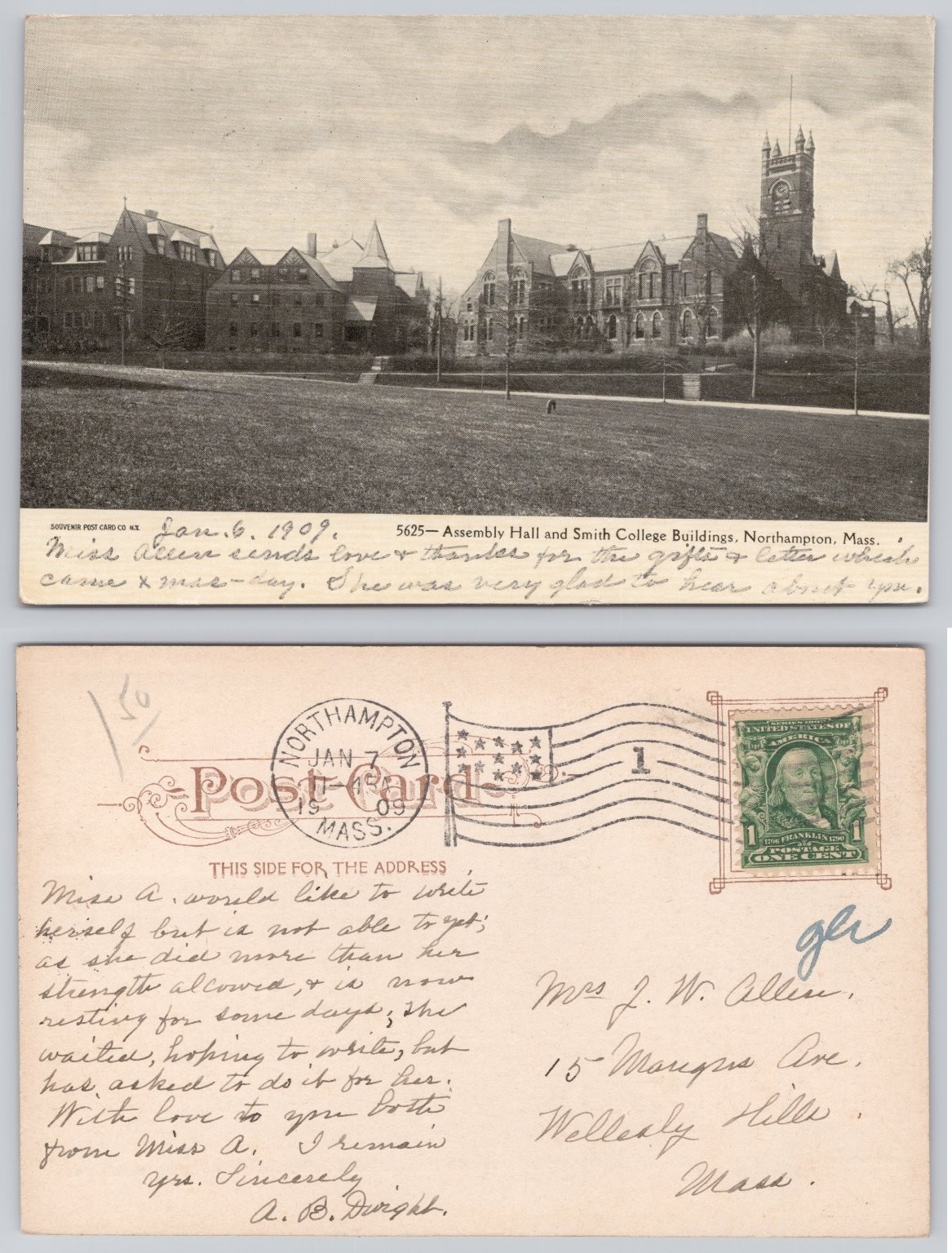 1909 Smith College Northampton MA Assembly Hall Vintage Postcard Divided Back