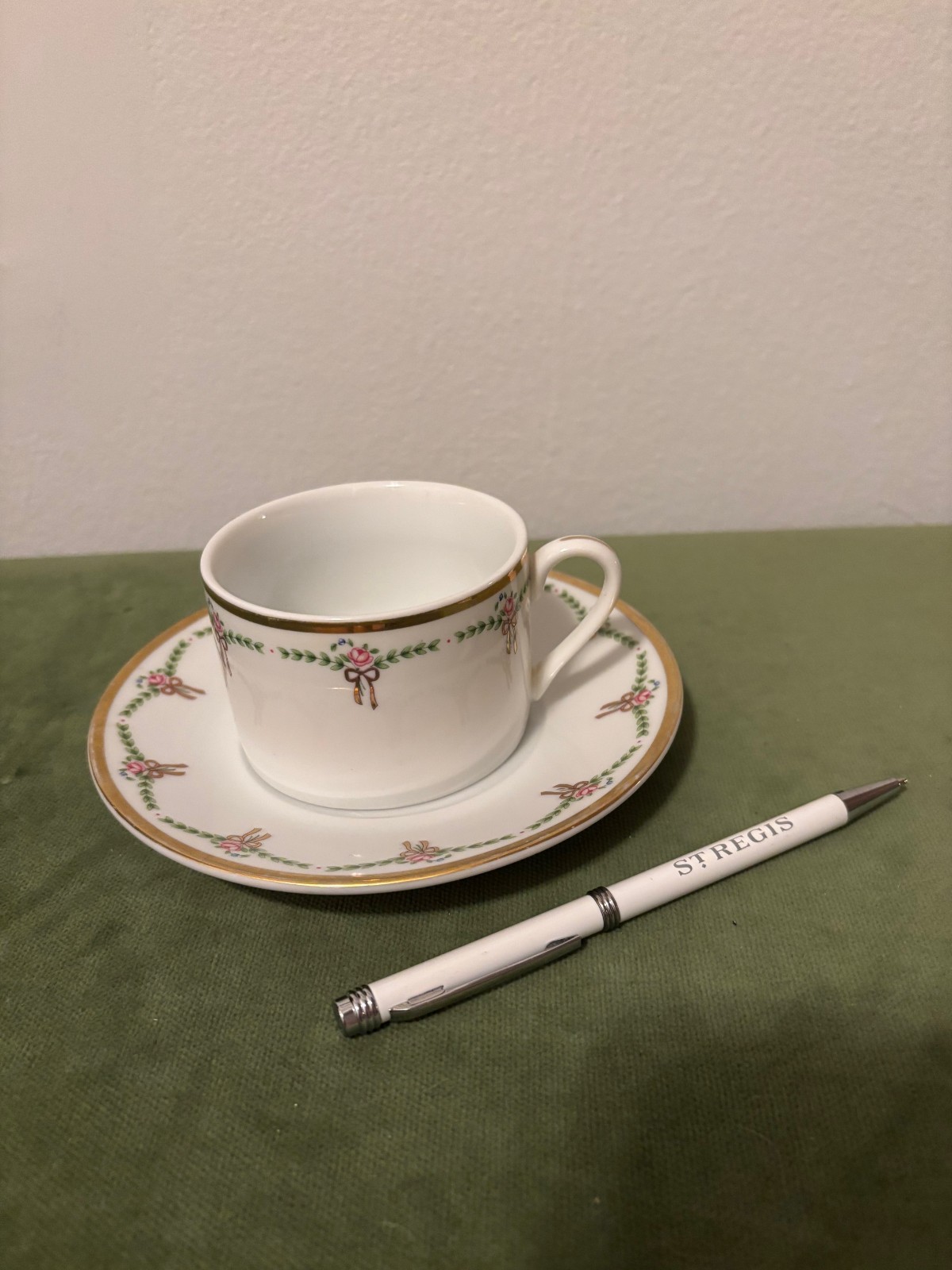 St. Regis Hotel New York City tea cup & saucer. No longer in use. St. Regis pen.