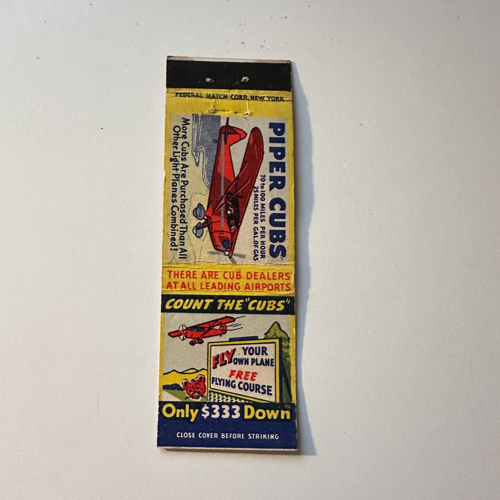 Piper Cubs Fly Your Plane Free Flying Course Vintage Matchbook Cover 5MB126-2