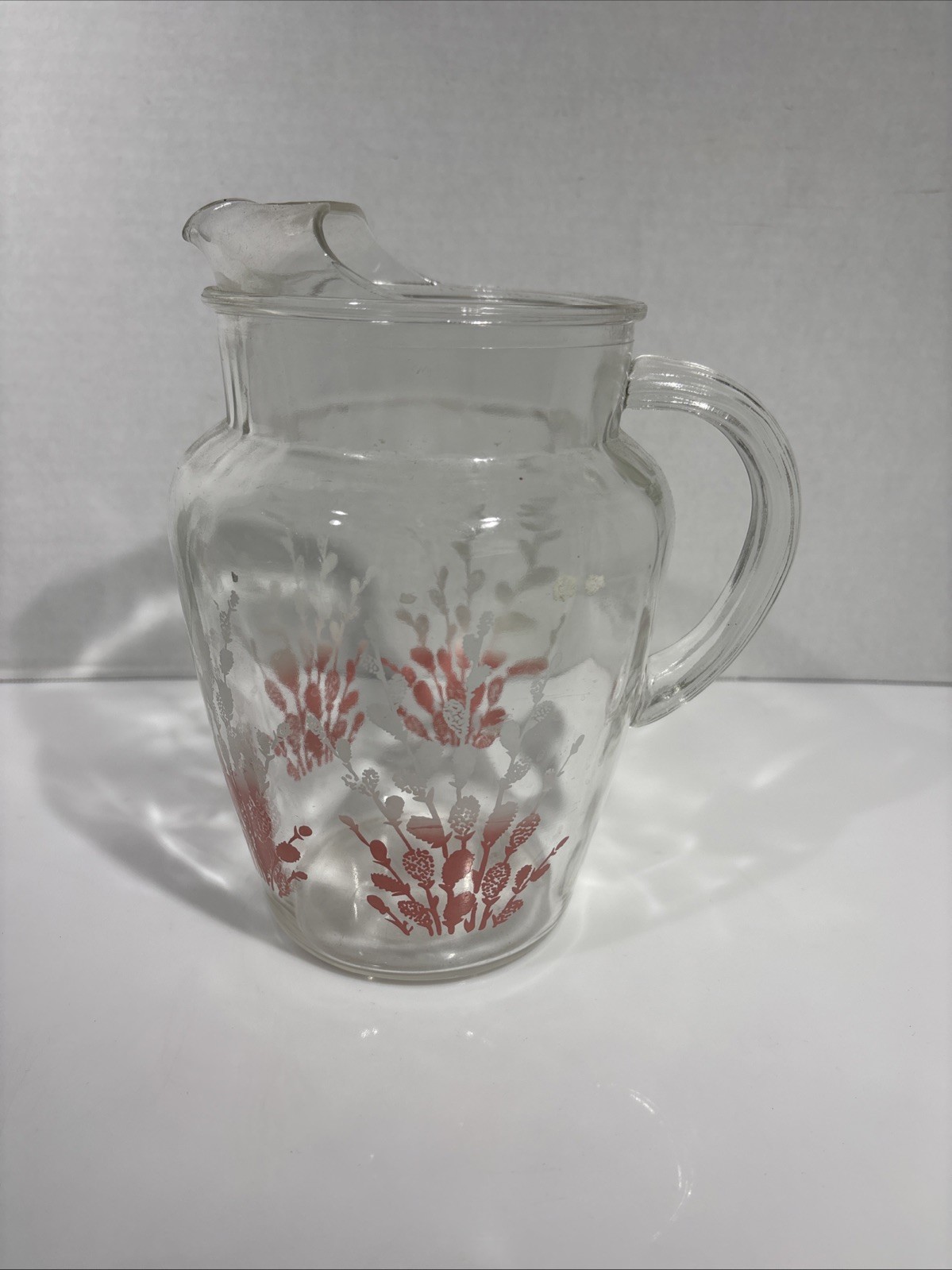 Vintage 1950s Glass Juice Pitcher Red White Botanical Floral Ice Lip Spout 2 Qt