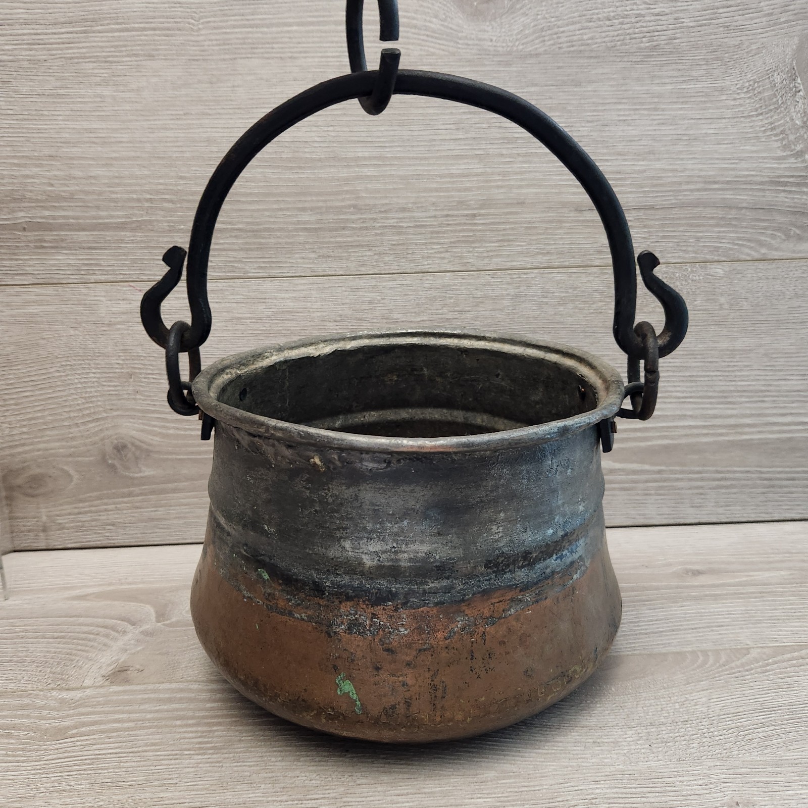 Antique Hand Forged Copper Primitive Cottage Farm Hanging Cauldron Cooking Pot 