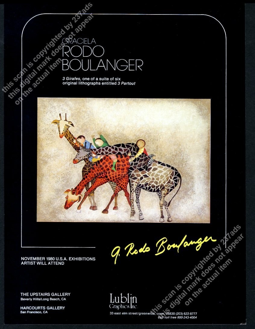 1980 Graciela Rodo Boulanger 3 giraffe art SFC gallery vintage print ad