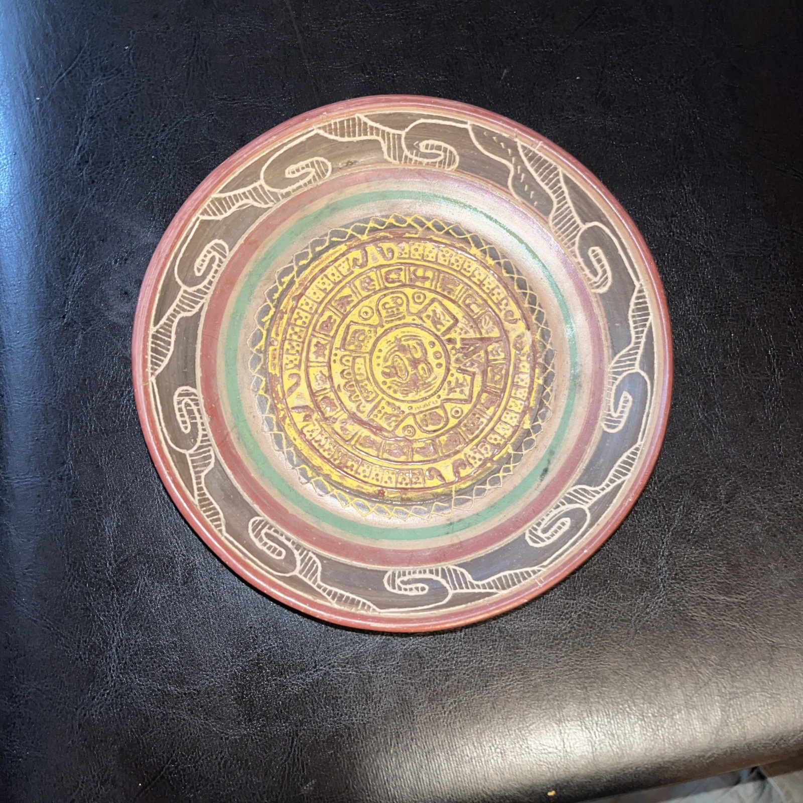 Handmade Antique Aztec Mayan Calender Plate, Redware - Mexico