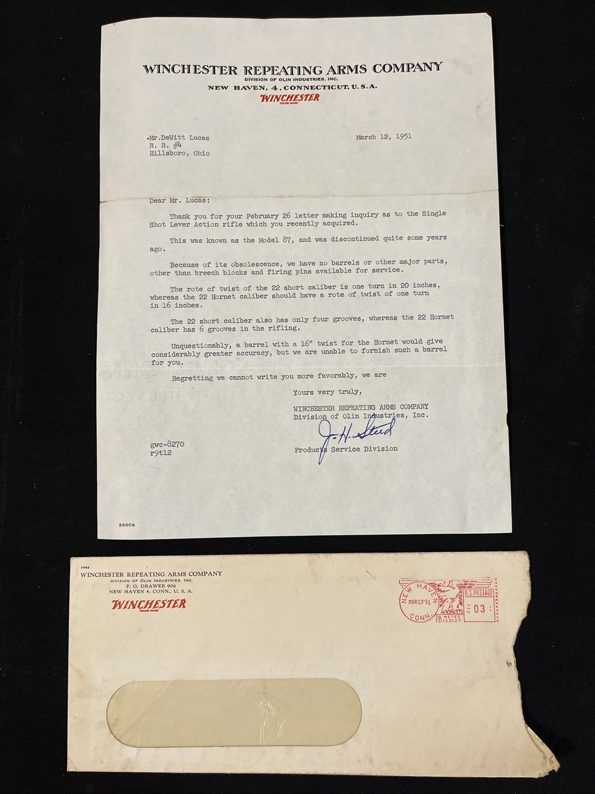 Vintage 1951 WINCHESTER Repeating Arms Guns Letter on Stationary w/ Envelope