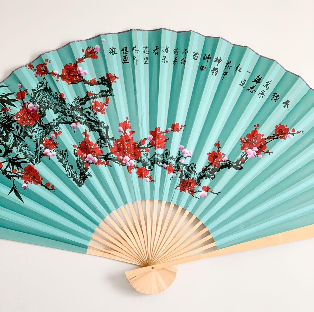 Large 60*35 in Oriental Wall Hanging Folding Fan Plum Flower Blue background