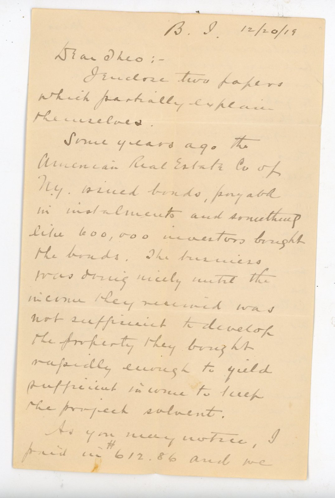 1919 Handwritten Financial Letter re American Real Estate Co. Bonds – Investment 1919 Handwritten Financial Letter re American Real Estate Co. Bonds – Investment