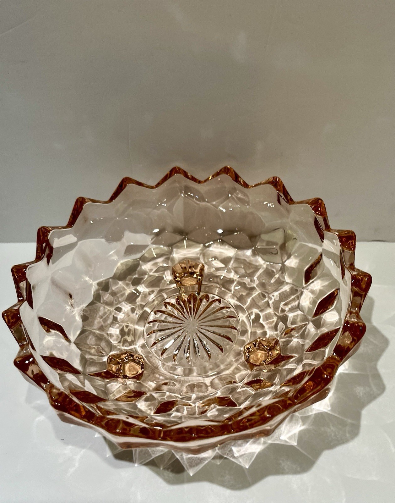 Jeanette Pink Depression Glass Cubist Pattern 6” Candy Trinket Dish - 3 Footed