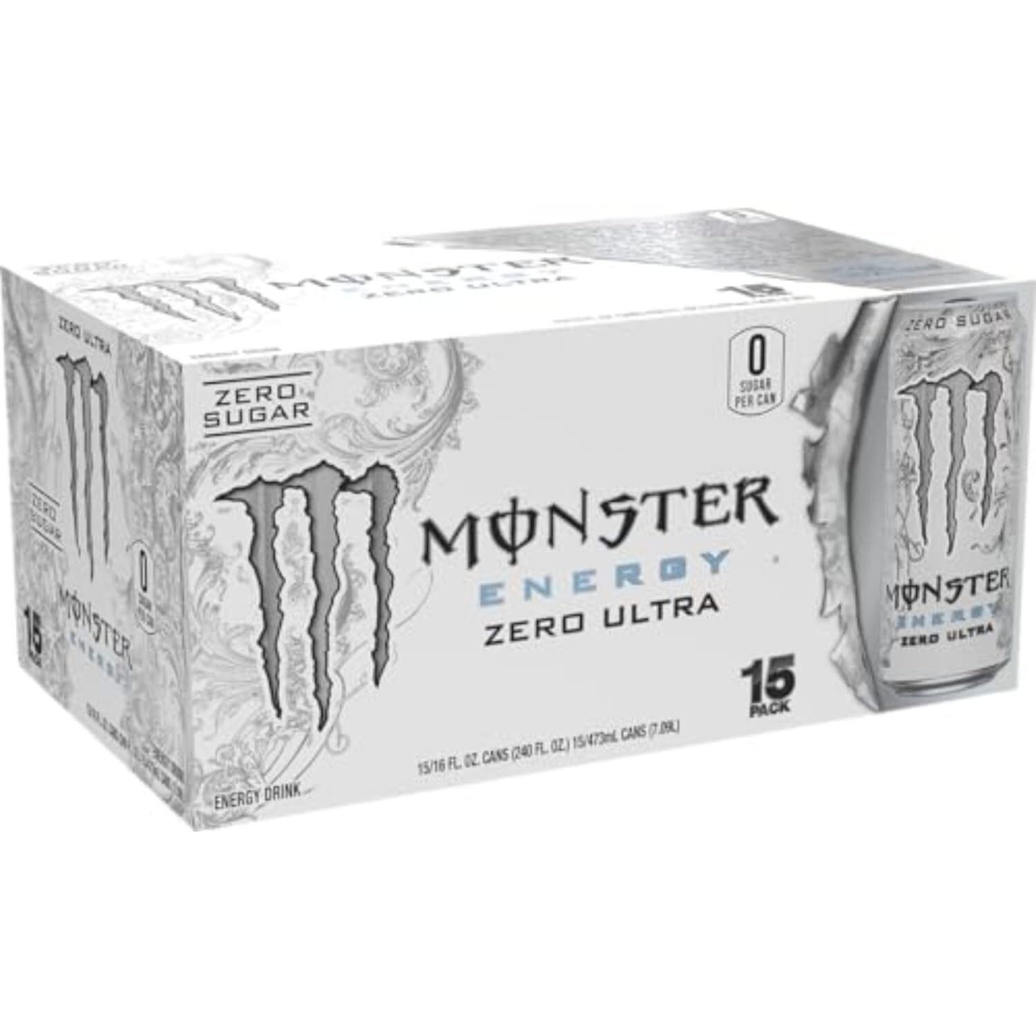 New Monster Energy Zero Ultra, Sugar Free Energy Drink, 16 Ounce (Pack of 15)