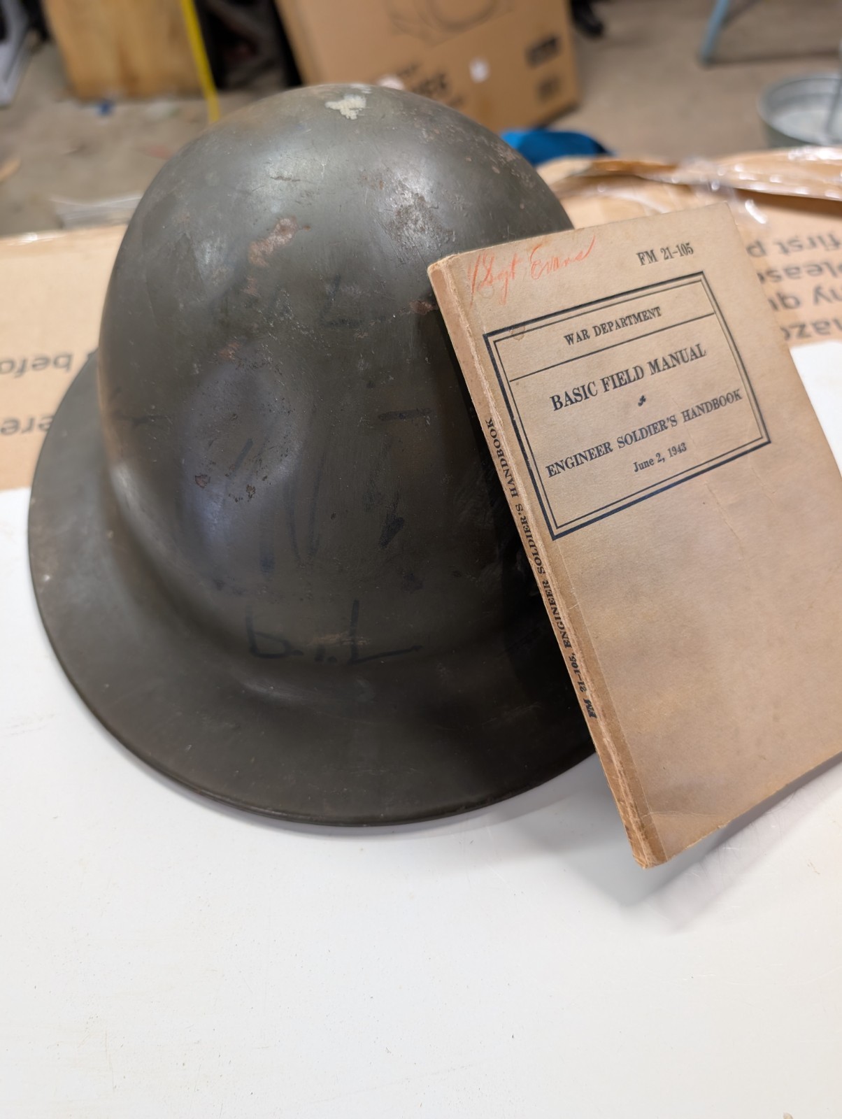 WWII BF McDonald Civil Defense Helmet Lot & 1943 Engineer Soldier\'s Handbook