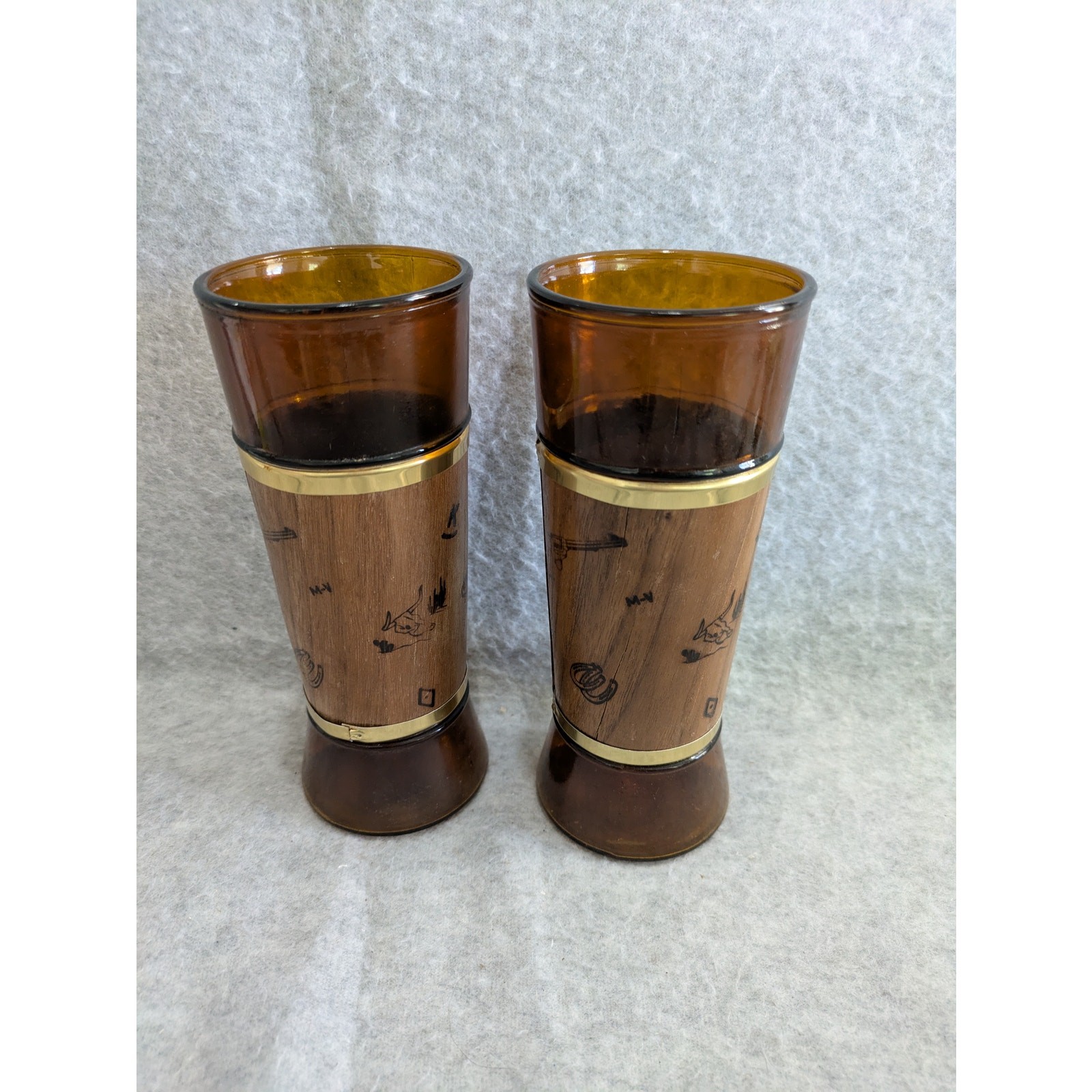 Set Of 2 Vintage Siesta Ware Western Cowboy Walnut Amber Highball Tiki Glass