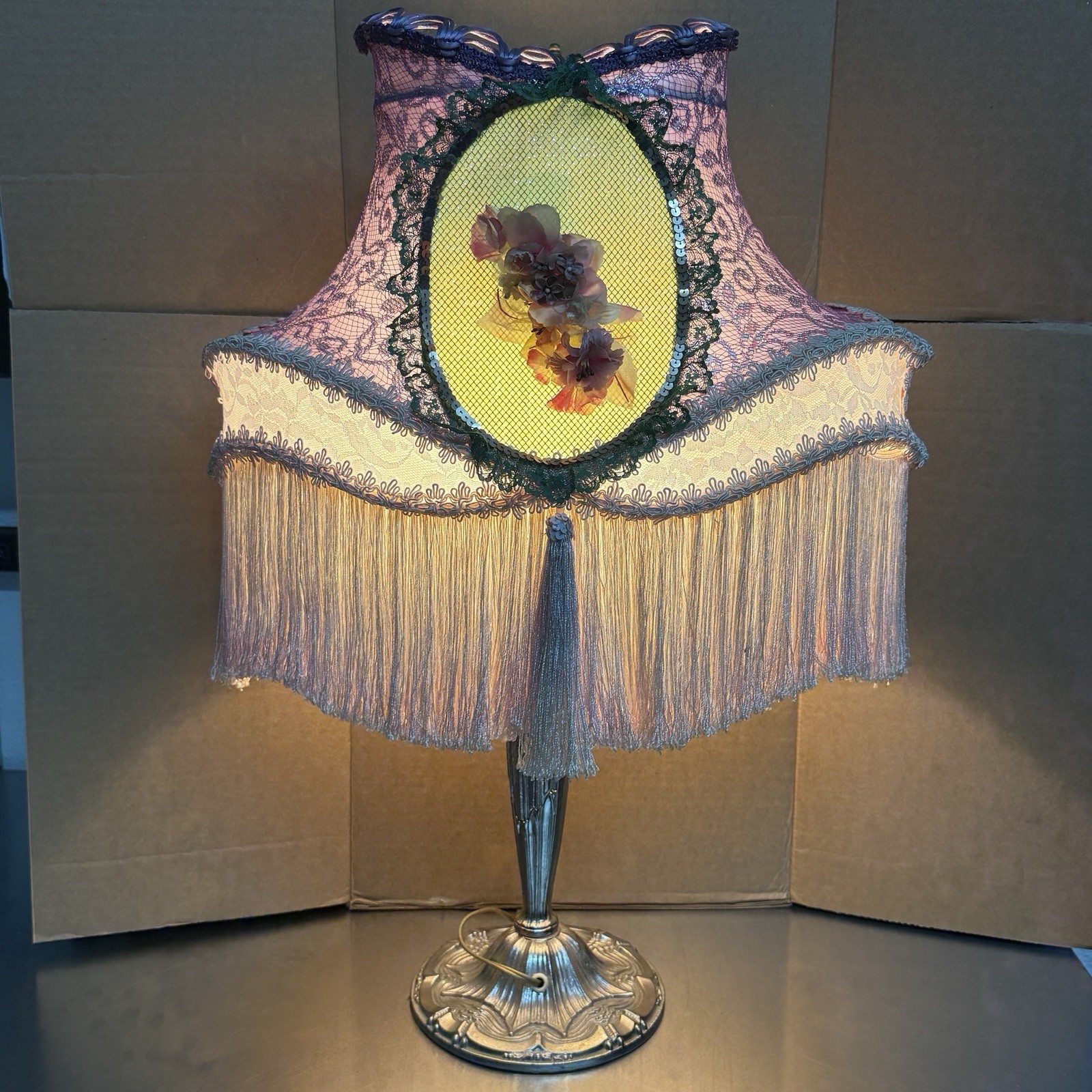 VTG Victorian Boudoir Table Lamp Purple Lace Fringe Floral Rosette Cameo Shabby