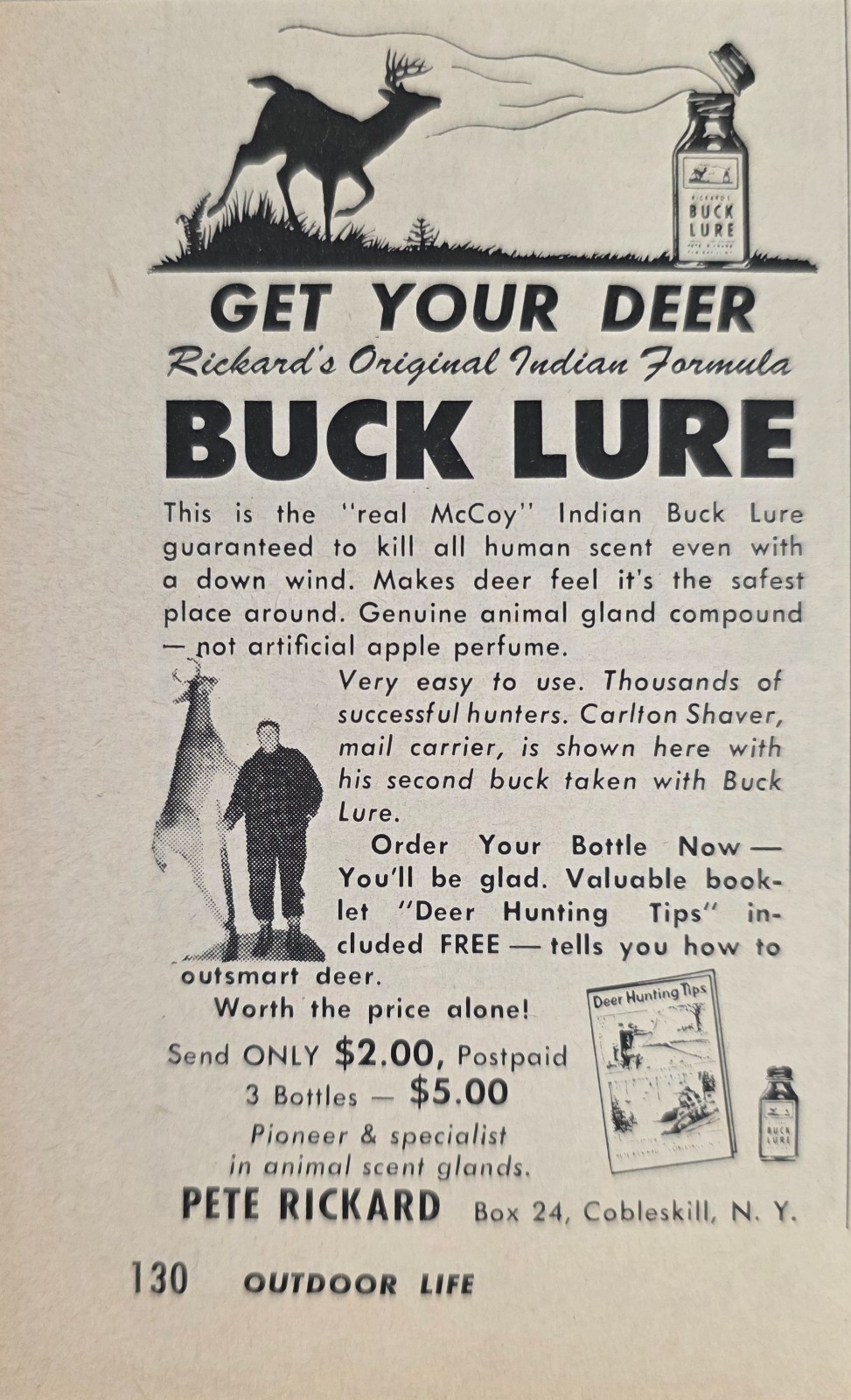 1956 Print Ad Pete Rickard Original Indian Formula Buck Deer Lure Cobleskill,NY