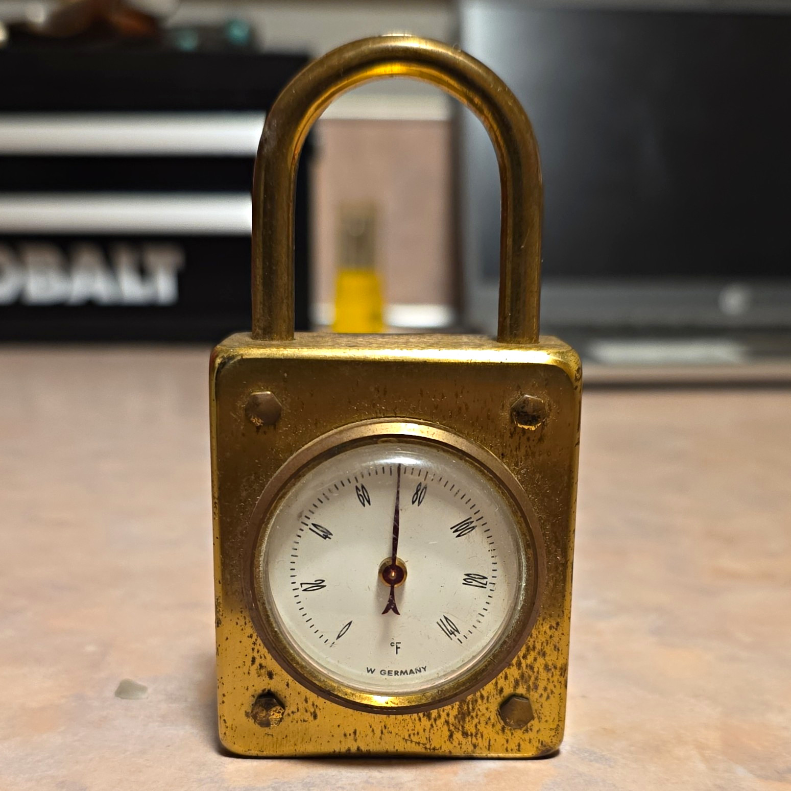 Brass Padlock Style Thermometer Antique Vintage W. Germany Brass Padlock Style Thermometer Antique Vintage W. Germany