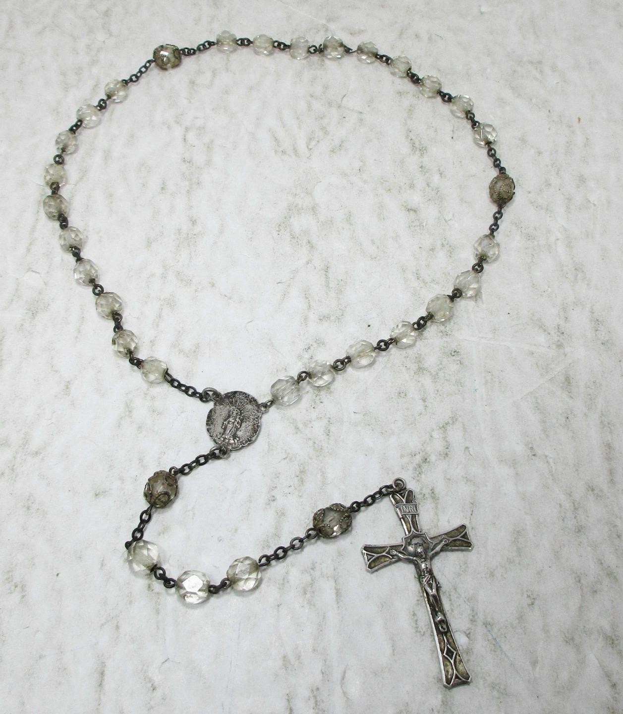 Vintage 1940\'s Elco 925 Sterling Silver Crystal Bead Crucifix Cross Rosary