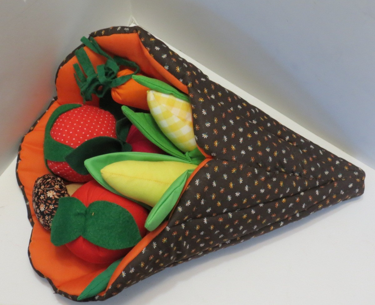 Vintage Fabric Cornucopia Centerpiece with Vegetables Fall Harvest Handmade Vintage Fabric Cornucopia Centerpiece with Vegetables Fall Harvest Handmade