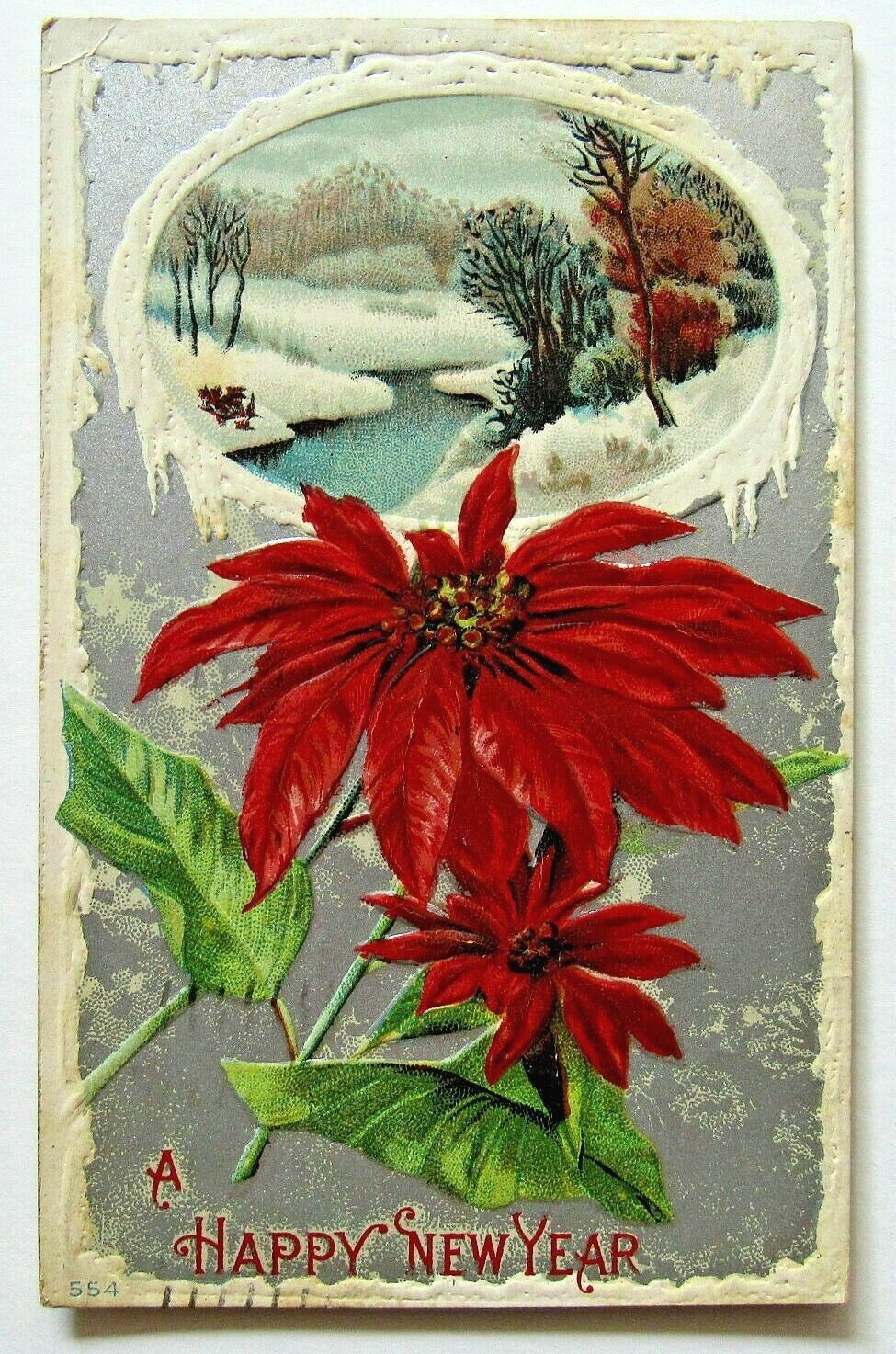 New Year Postcard Antique 1910 Poinsettia 