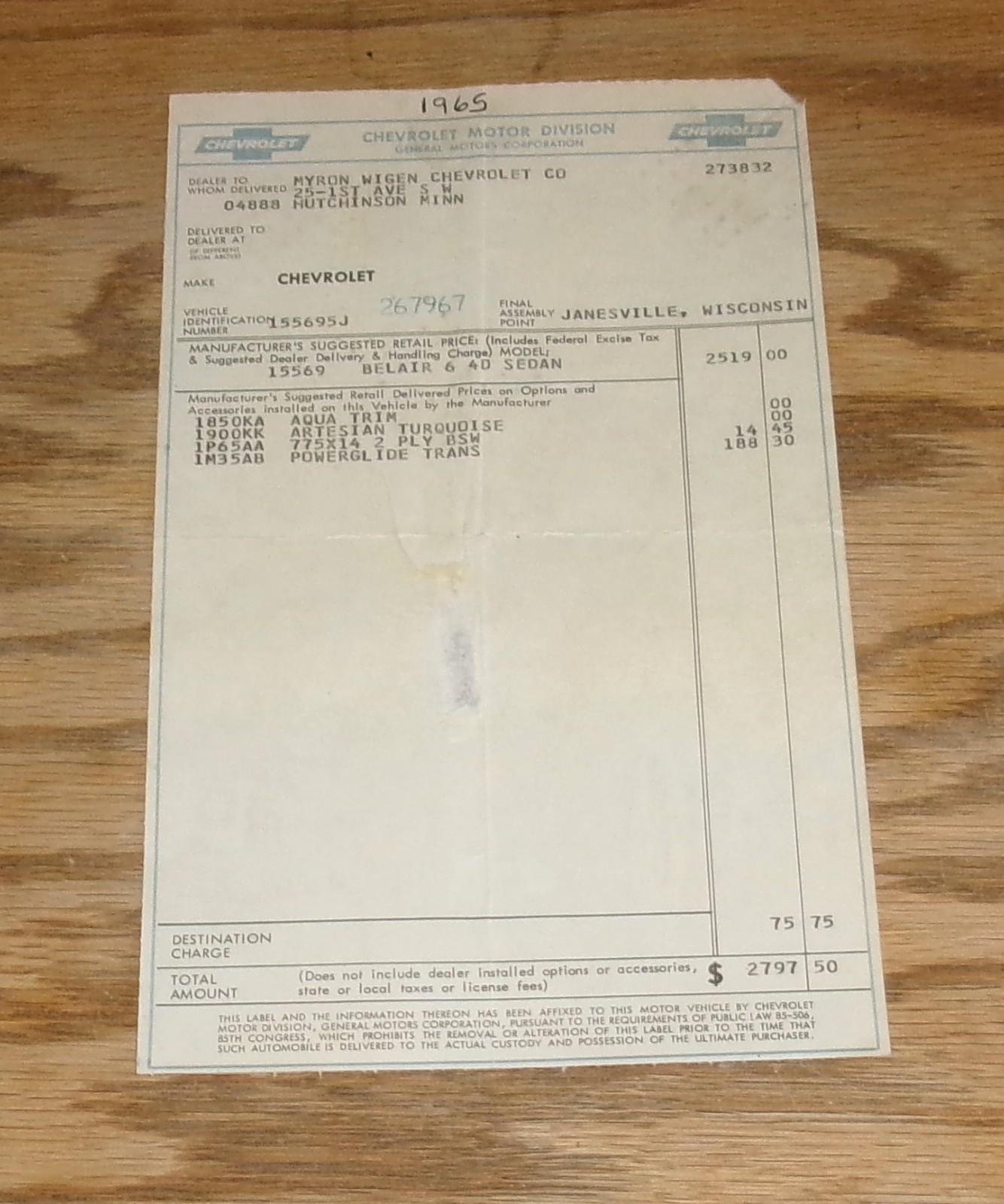 Original 1965 Chevrolet Bel Air 6 4-Door Sedan Dealer Window Sticker 65 Chevy