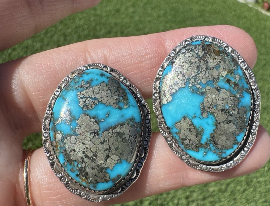GORGEOUS HUGE VTG INEZ KEE  NAVAJO STERLING FINEST MORENCI TURQUOISE EARRINGS-NR