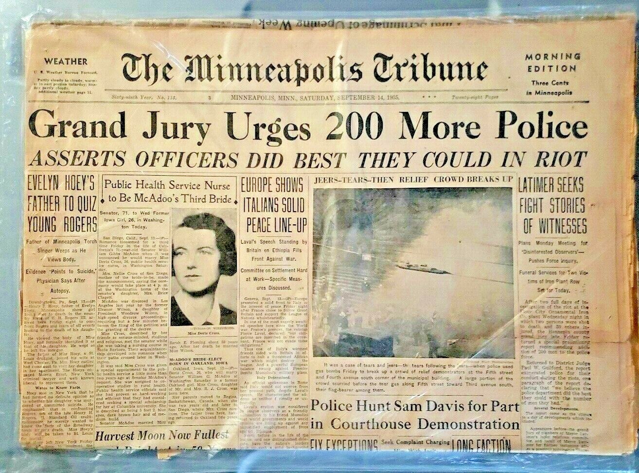 September 14, 1935 - Minneapolis Riot 1930\'s Headline - The Minneapolis Tribune September 14, 1935 - Minneapolis Riot 1930\'s Headline - The Minneapolis Tribune