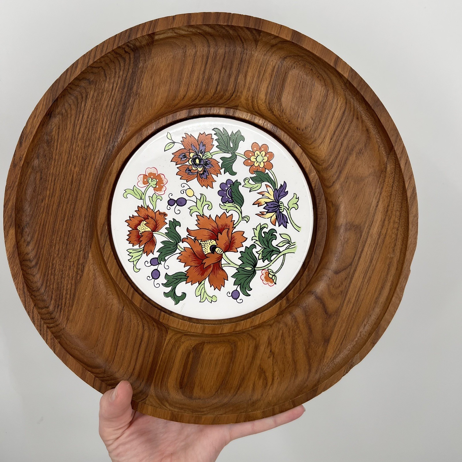 Vintage 70s Teakwood Floral Trivet Tray Plate by Dolphin 12”