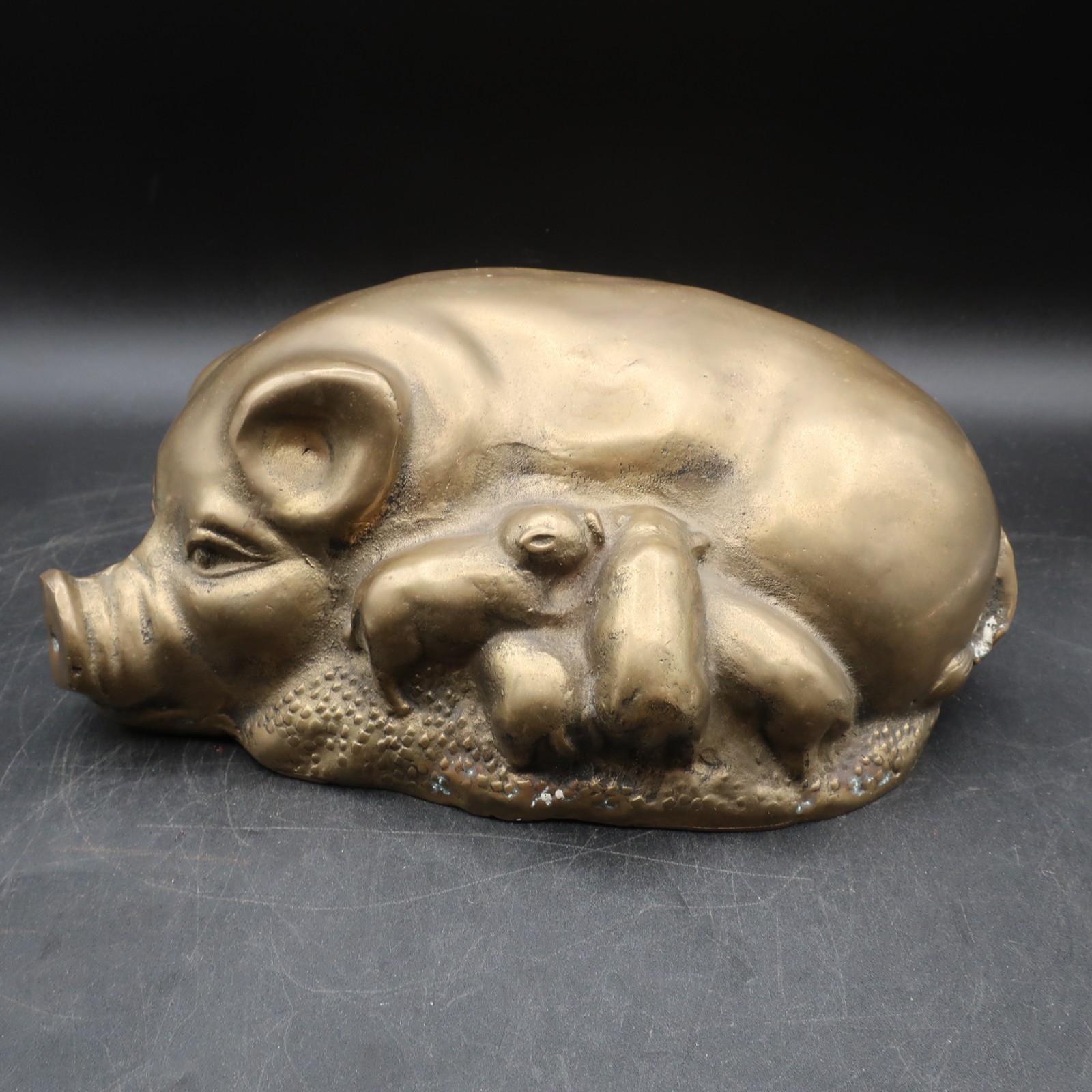 Vintage Mid Century Large Brass Piggy Bank Mother Pig Hog W/ Baby Piglets - RARE