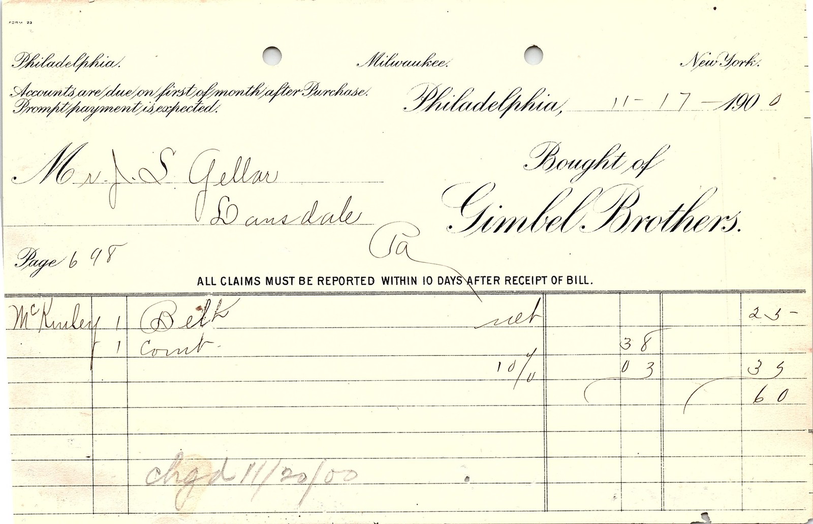 1900 Gimbel Bros. Philadelphia Dept. Store Billhead (filled)