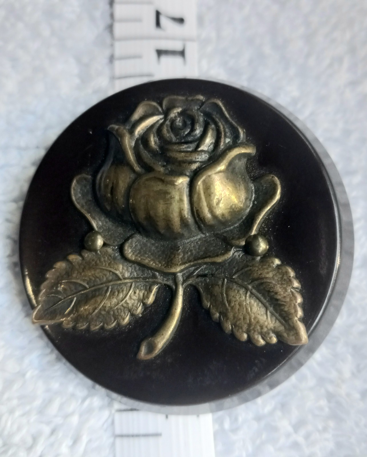 Vtg 1930s XL Brown Bakelite Brass Rose Metal Overlay Coat Button 1 3/4\